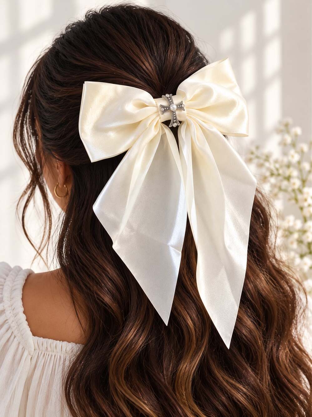 Ivory Satin Hair Bow Cross Pearl Rhinestone Long Tail Coquette Bridal Clip